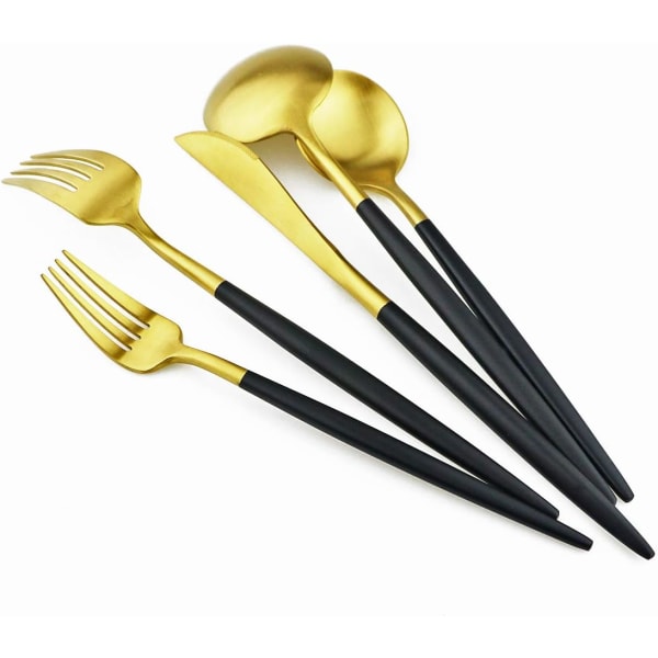 Black Gold Flatware, 5-delt sett med matt svart håndtak i 18/10 rustfritt stål for 1, inkludert reisebestikk (Black Gold)