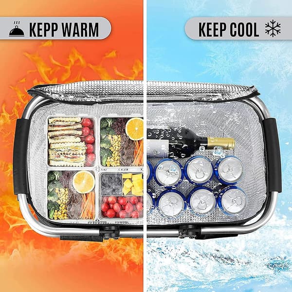 Foldable Picnic Baskets, 4 Person Picnic Basket with Waterproof Lining, Foldable Shopping Basket Cooler Bag (Navy Blue)