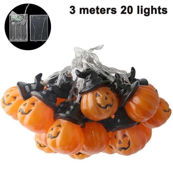 Halloween-koristevalot paristoilla, kurpitsa-muotoiset LED-valot - 3m pitkä, 20 LEDiä, lämmin väri, tyyli 3 style 3