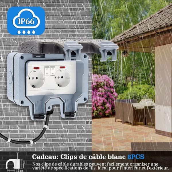 Waterproof Outdoor Socket 16A IP66 - Double Power Outlet and Protective Cover - Windproof Power Strip with Switch