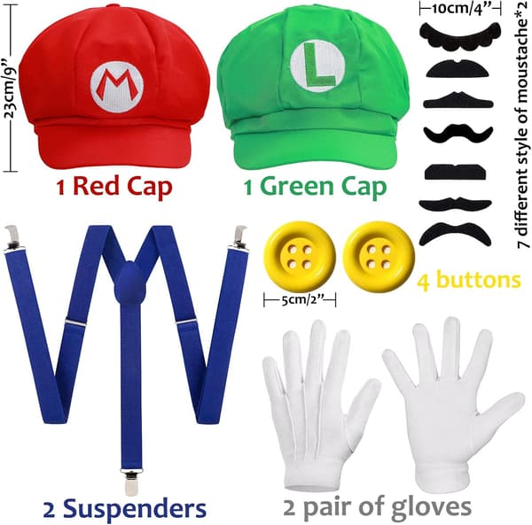Super Mario Bros Mario och Luigi Hattar Kepsar Mustascher Handskar Knappar Cosplay Kostym-FA-