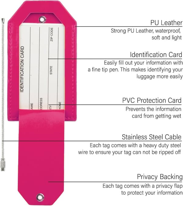6,5*11,5 cm, (Rosa), 2-pak TravelMore Polyuretan Kuffertmærker -