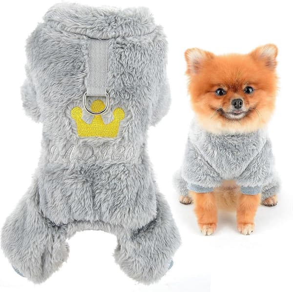 Hundepyjamas til små hunde, kæledyrspulloverpyjamas med broderet krone og D-ring, blød vinter- og efterårsoverall
