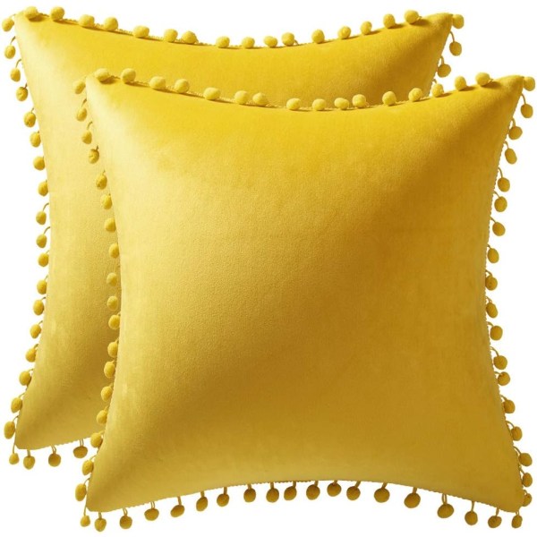 Soffa Kuddfodral 45*45cm Gult: 2-pack Mysiga Mjuka Pompoms Sammet Fyrkantiga Kuddfodral för Lanthus Dekoration