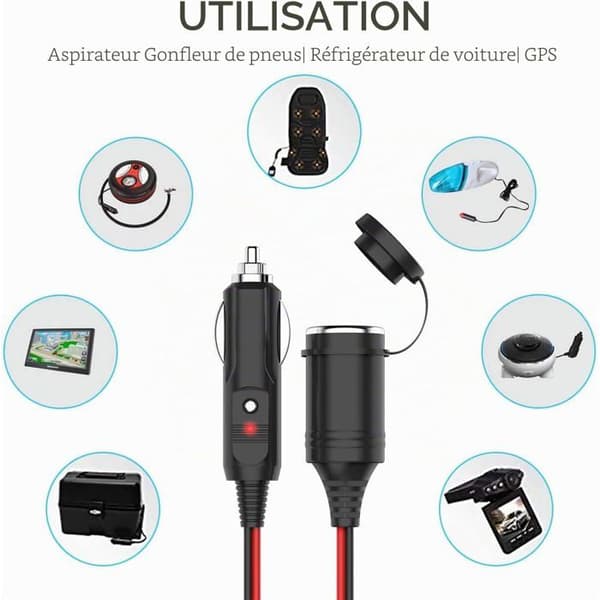 Cigarette Lighter Extension Cable - 1 Piece - PVC and Copper - Waterproof 12V-24V - Car, Camping, Boat - 3.5M Black