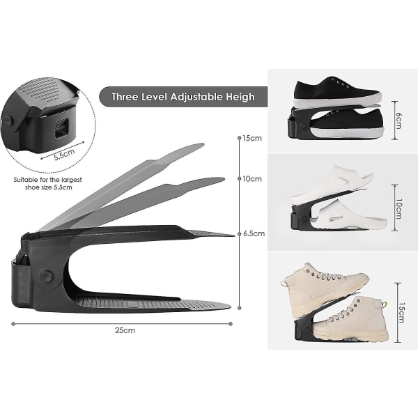 10-pack Skostackare, 6,5 cm/10 cm/15 cm Skoställ, PP-material Skoforvarare, Justerbar platsbesparande, Dubbelskikts skostack, Halksäker (svart, 10)