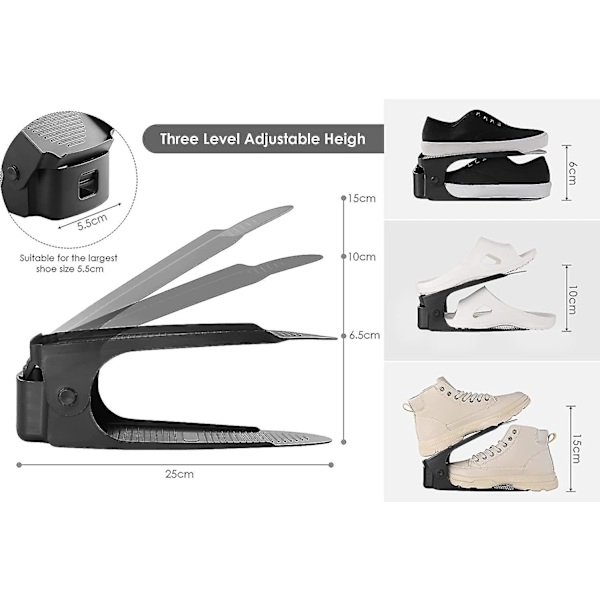 10-sæt Sko Stabler, 6,5 cm/10 cm/15 cm Skostativ, Pp Materiale Sko Organizer, Justerbar Pladsbesparende, Dobbeltlags Sko Stabel, Skridsikker (sort, 10)