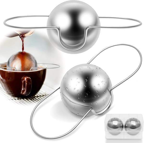 Espresso cooling balls 2-pack stainless steel, reusable ice cubes for quick coffee cooling, silver with stand