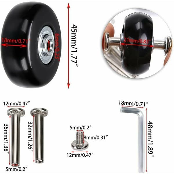 Sæt med 4 drejelige gummihjul til kuffert, 45 x 18 mm