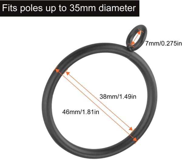 50-pak 38 mm gardinringe matsort metal gardinstangsringe - passer til stænger op til 35 mm diameter, sort