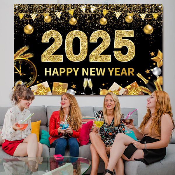 Sort Stor Happy New Year Banner til 2025 Nytårsaften Dekoration, let at skabe en stærk nytårs nedtælling