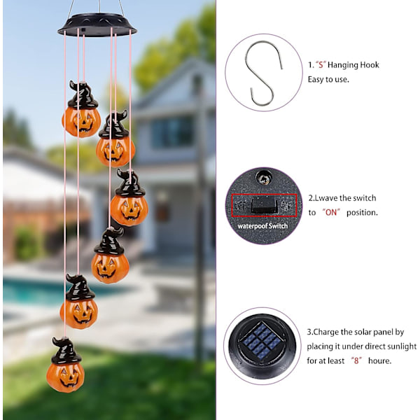 Halloween Solcellsdriven Pumpa Vindspel, Utomhusanvändning, Veranda, Gräsmatta, Trädgård, Automatisk Färgväxlande Vindspel Sollampa (Pumpa)
