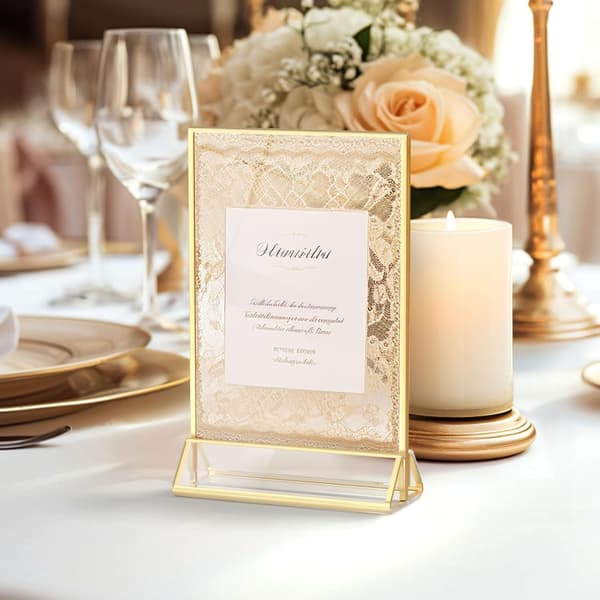 A5 Double-Sided Gold Photo Frames, Gold Table Number Holders | Clear Acrylic Table Easels, 6 pcs