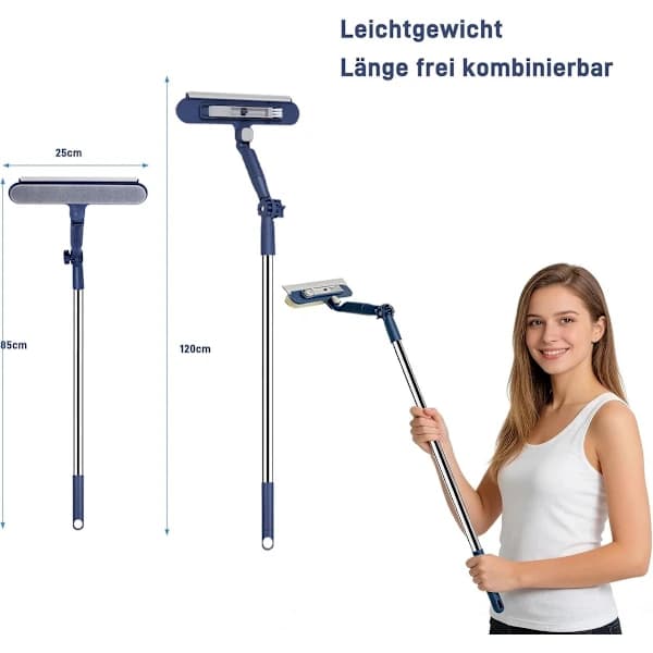2-in-1 Window Squeegee with 120 cm Telescopic Handle, Microfiber Scrubber, Rotating Head for Windows, Mirrors, Showers, Blue