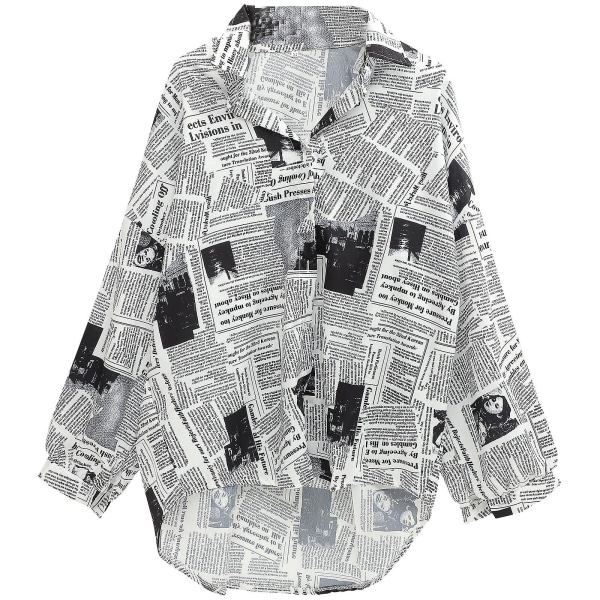 Dammode Tidningsskjorta Enkelknäppt blus Lapel Långärmad för sommarvåren (svart, Si Black M