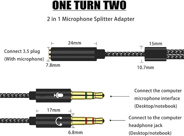 3,5 mm Stereo Lydjack Adapter, Headset Mikrofon Y Splitter Adapter, for PC PS4 Xbox One Datamaskin, Hodetelefoner-0,5m