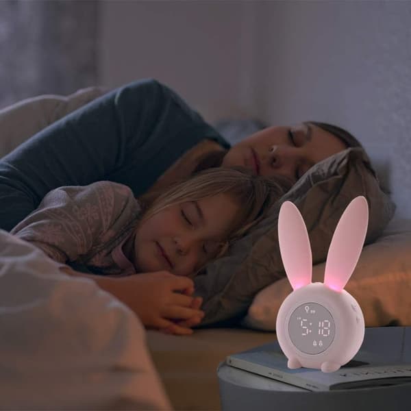 Rabbit Alarm Clock with Night Light, 6 Ringtones, Fun Touch Control and Rechargeable Snooze Clock for Kids