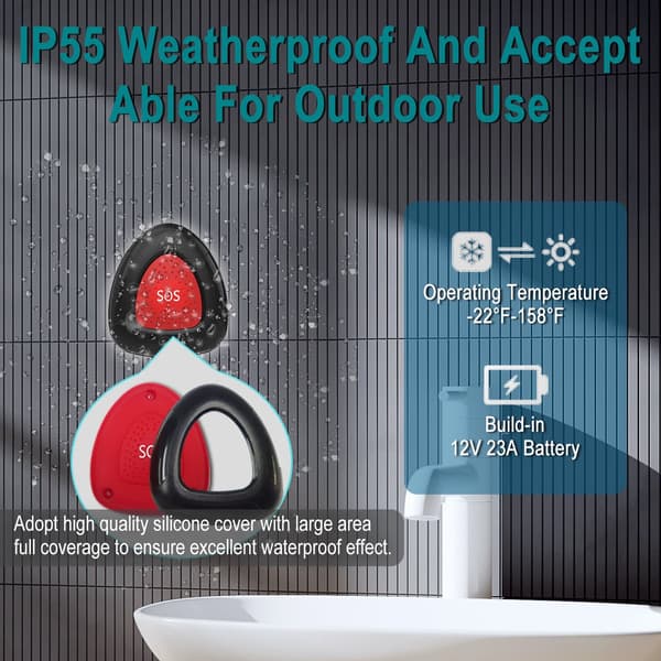 Wireless SOS Emergency Call Button for Seniors, IP55 Waterproof Alert System with 300m Range, 110dB Receiver for Home Care, Black