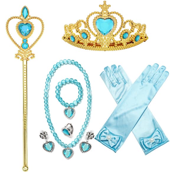 Elsa-tilbehør til udklædning, 7 dele, Elsas handsker, prinsessekrone, ring, øreringe, tryllestav og halskæde