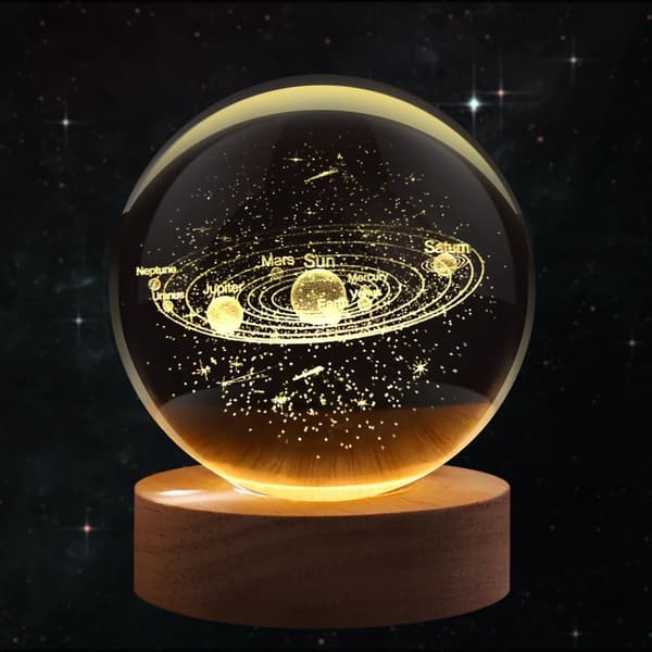 3D Crystal Ball Night Light Solar System - Holographic LED Glass Lamp, USB Powered, Adjustable Brightness, 6 cm