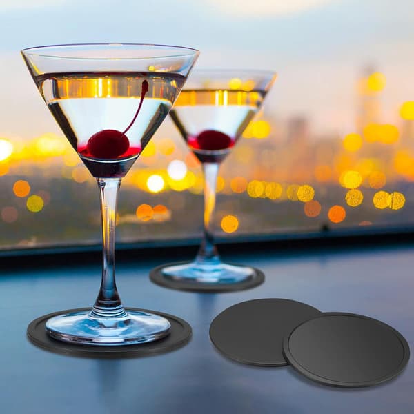 8-pack Coasters, Silicone Coasters, Drink Coasters, Black Round Coasters for Drinks, Bars, Cups, Glass Table Mats
