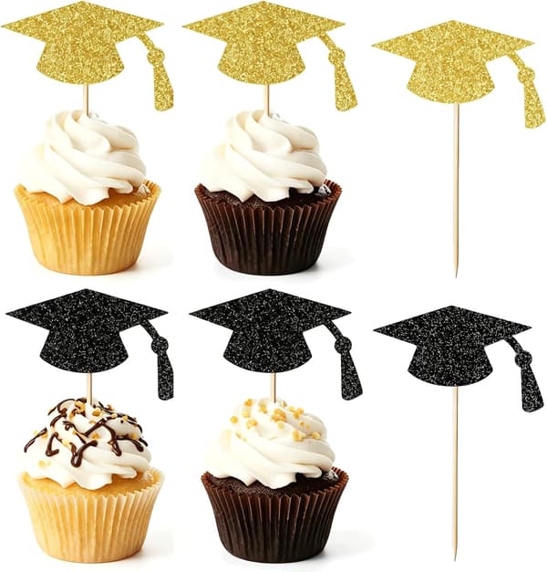 48 STK Dimissions Cupcake Toppers, Sort Guld Tandstikkere