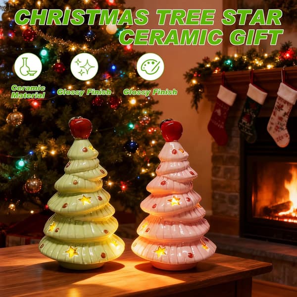 Ceramic Christmas Tree Night Light Set (2-pack) - 16.5 cm Glowing Table Decoration with Apple Ornaments, Christmas Gift