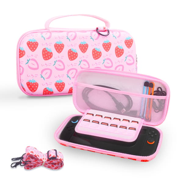 Switch 2 Case with Shoulder Strap - Pink Strawberry Design, EVA Hard Shell, Portable Handbag for NS2 Game Console