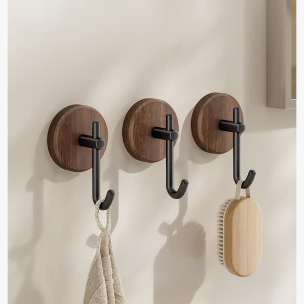 Self-Adhesive Wooden Hooks for Wall, 4-Pack Farmhouse Decor Natural Dark Walnut Hooks