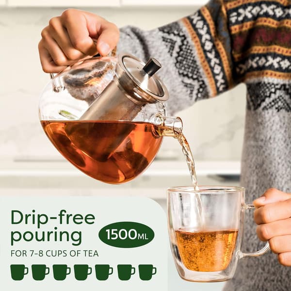 Glass Teapot with Teapot Warmer in Gift Box - 1.5 Liters - Keeps Warm for a Long Time - Dishwasher Safe