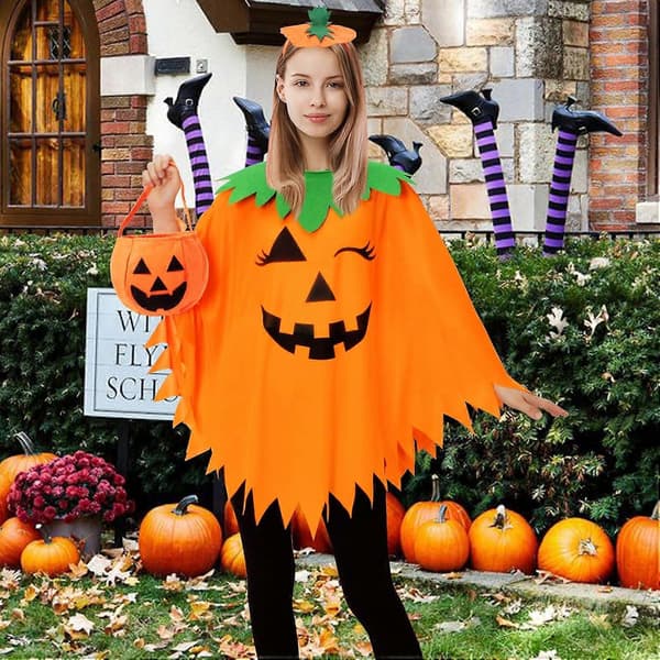 Halloween Græskar Poncho til Kvinder, Græskar Kappe Kostume med Hårbånd og Slikpose