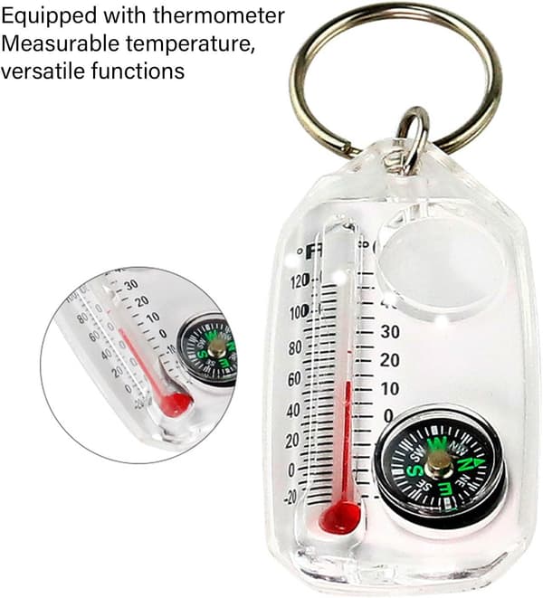 wxsp 1 Piece White Outdoor Thermometer - Compact Compass with Magnifying Glass and Keychain - Portable Mini Navigation Tool - Multifunctional