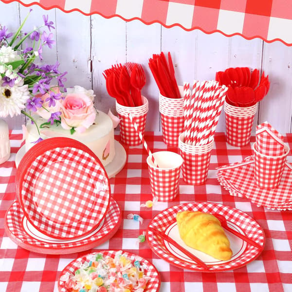 200 stk. rød gingham fest til bryllup rød/hvid Red/White