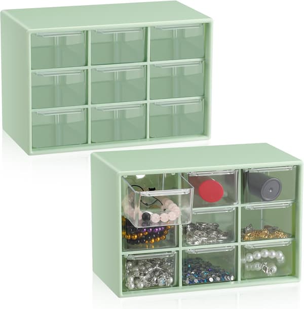 2-piece small storage box, teacher toolbox, with 9 transparent drawers, small plastic desk organizer for teachers.