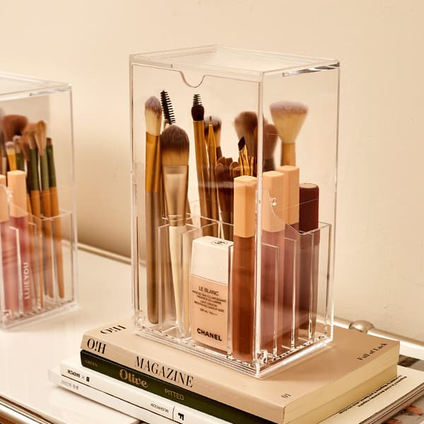 Stackable Makeup Organizer - Large Capacity Lipstick Holder with Dust Cover - Cosmetic Brush Holder for Dressing Table