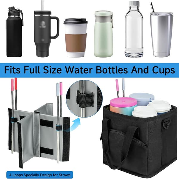 Reusable Drink Carrier with Handle - Insulated, Foldable 4-Cup Beverage Bag with Spill-Proof Base, Adjustable Dividers, and Shoulder Strap, Portable Caddy