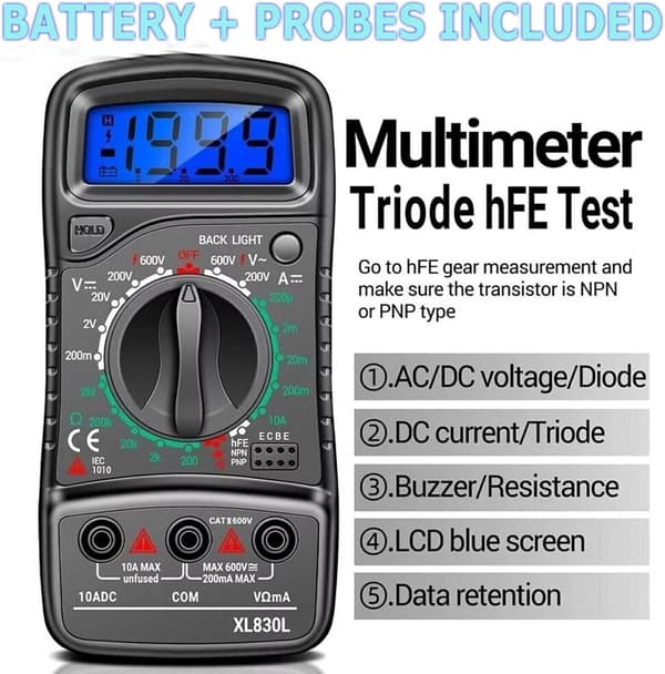 XL830L Håndholdt Digital Multimeter LCD Baggrundsbelysning AC DC Amperemeter Voltmeter Ohm 0-600V Spændingstester