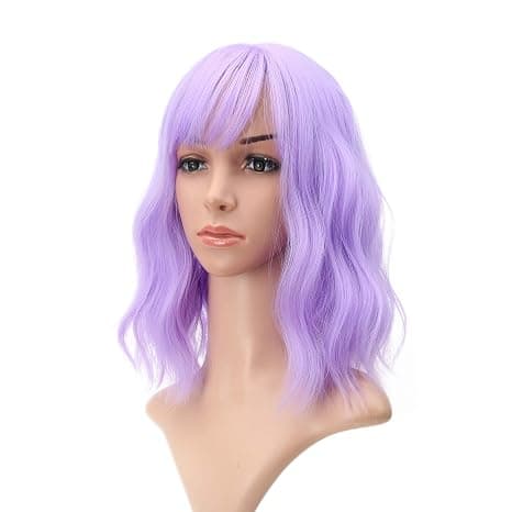 Wavy Wig Short Purple Wig with Bangs Shoulder Length Wig for