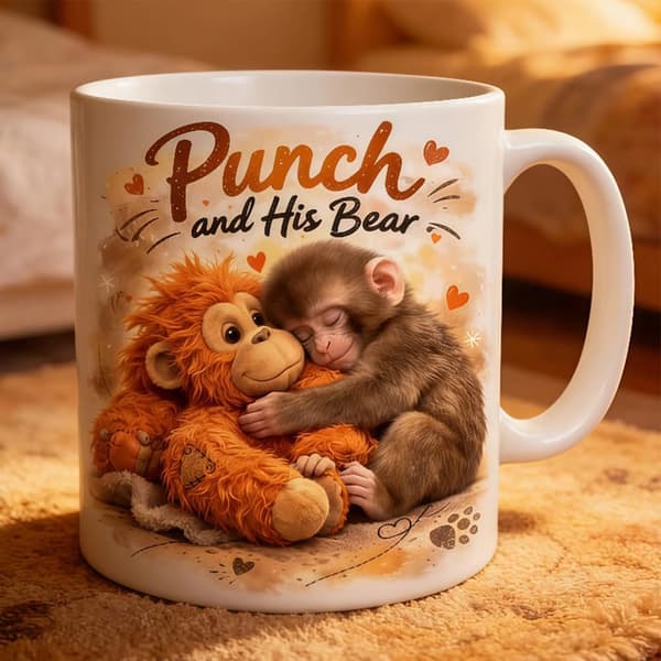 Punch Monkey Mug, Punch and His Bear Mug, Cute Monkey Coffee Mug Novelty Ceramic Cup Gift for Coffee Lovers