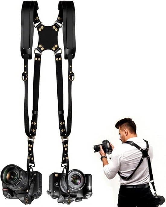Camera Harness - Quick Release, Non-Slip, Double Shoulder Leather Camera Strap Harness with Metal Hooks for SLR/DSLR Cameras - Black [Ho]