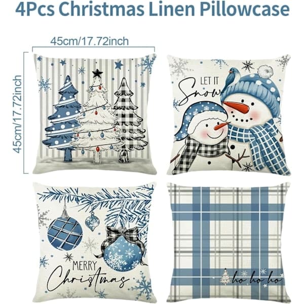 Julkuddfodral 45x45 cm Set med 4, God Jul Vinter Snögubbe Kuddfodral Julgran Buffelpläd Kuddfodral