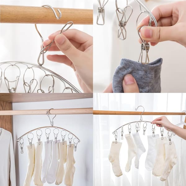Stainless Steel Drying Rack with Windproof Hooks, Underwear Rack, Clothes Drying Rack with 8 Clips for Drying Socks, Towels (2-Pack)