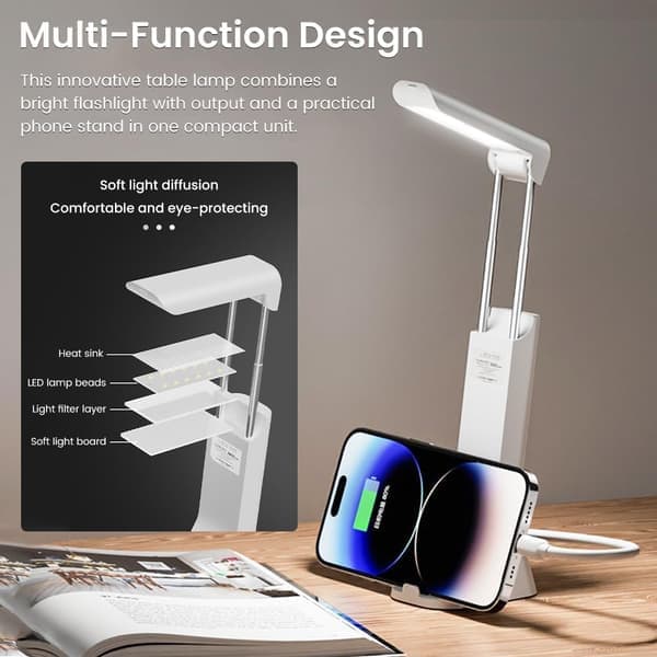Wireless Rechargeable Desk Lamp - 3 Modes, Hidden Retractable Design, Portable LED Light for Reading and Emergencies, Phone Holder