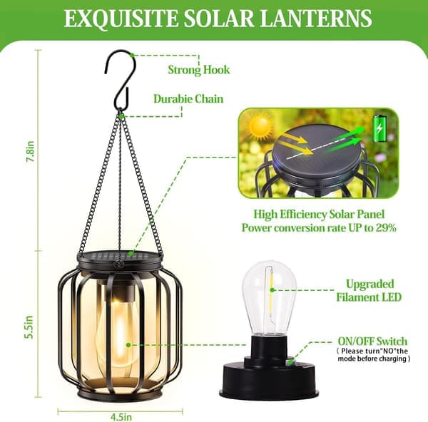 Solar Hanging Lights 2-pack Metal Waterproof LED Lanterns Warm Outdoor Decorative [Ho]