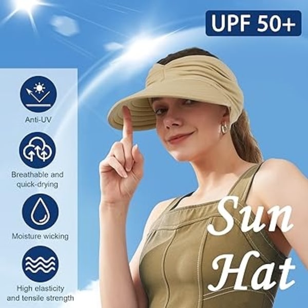 Naisten Visiirilippis, Ulkoilmakäyttöön Sopiva Laaja Reuna Aurinkohattu, Taittuva ja Nopeasti Kuivuva UPF50+ Auringonsuojaus Rantahattu, Sopii Rannalle, Golfille, Juoksuun