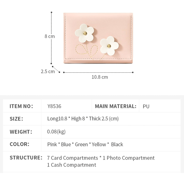 Liten Söt Plånbok för Flickor Kvinnor Blomma Tri-Fold Slank Plånböcker Kontanter Fick PU Läder Kortinnehavare Myntplånbok med ID-Fönster (Rosa)