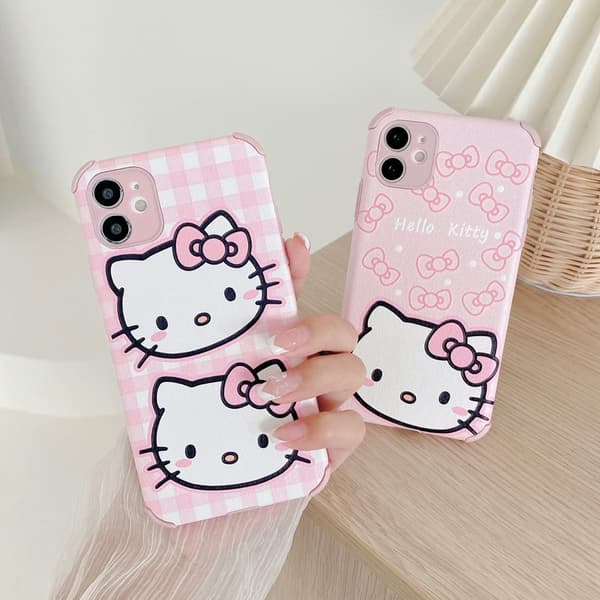 Cute Cartoon Hello Kitty Phone Case for iPhone Shockproof Soft Leather Mobile Phone Protective Cover for iPhone Two KT Two KT iPhone 13 Pro Max
