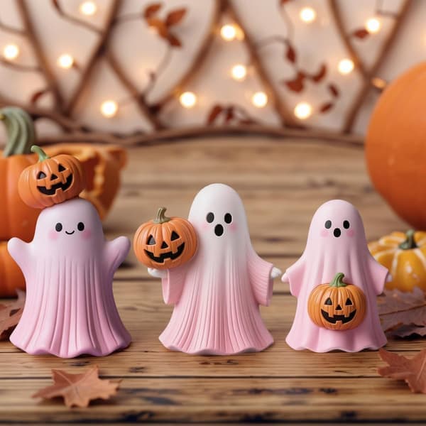 1 pc Halloween Decorations, Spooky Ghost Ornament with Pumpkins, Pink Cute Ghost Statue Sculpture Decoration (12cm) (Style B)