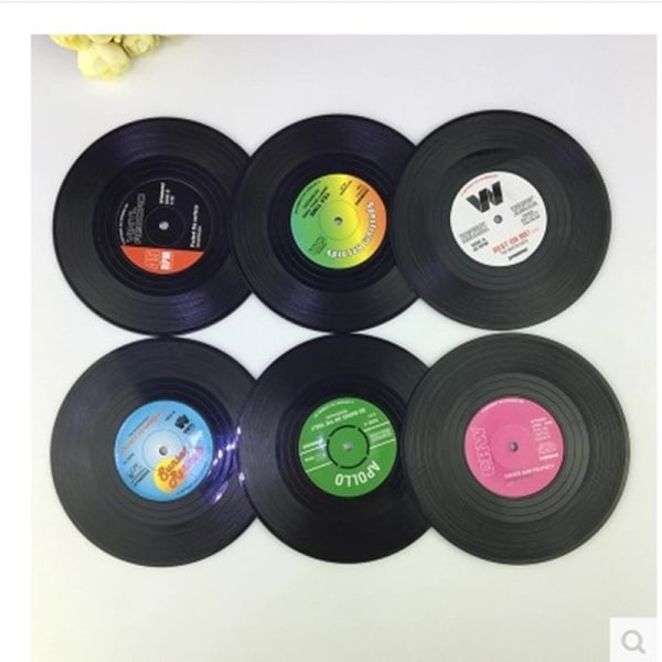 Vinylplateunderlag, sett med 6 deler, retro CD-platedesign, sklisikre vinyl, for kaffe, te, øl, vin, hjem og bar (6 deler
