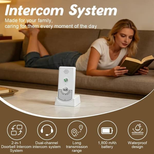 Wireless Intercom - 2 Units - Waterproof ABS - Two-Way Communication - Home and Office - White